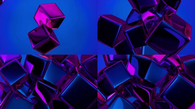 蓝色金属色的柔软弹性立方体。碰撞并合并成许多立方体。彩虹镜颜色。3d动画。