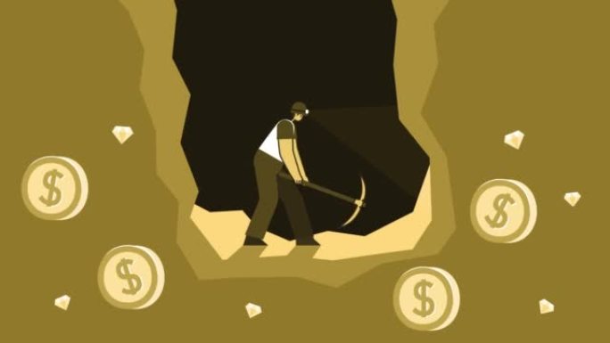 黄色风格的人平字在洞穴中挖掘美元和硬币。孤立循环动画