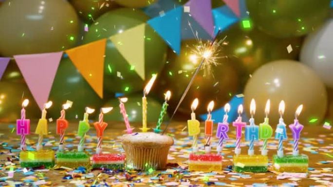 一个美丽的快乐的生日背景任何年龄，一个快乐的生日蛋糕屏幕保护与蜡烛和烟火和飘落的五彩纸屑装饰。