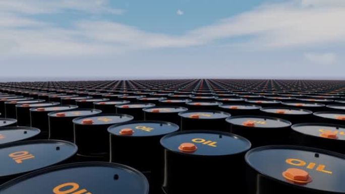 数百万桶原油桶，化石燃料和汽油装在晴朗的天空下。3D渲染动画