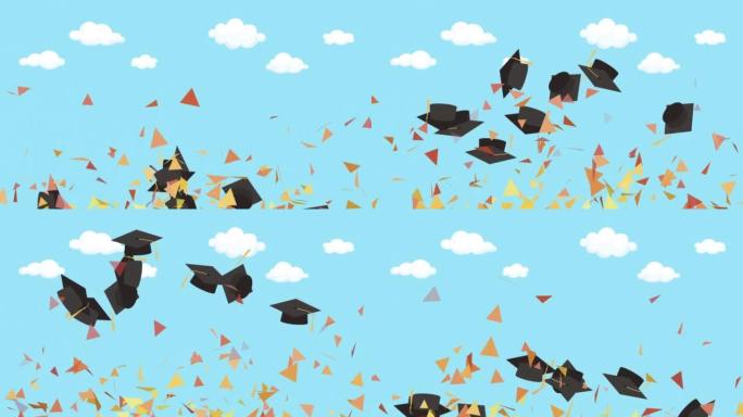 用五彩纸屑抛向空中的毕业帽在蓝天白云背景股票动画视频