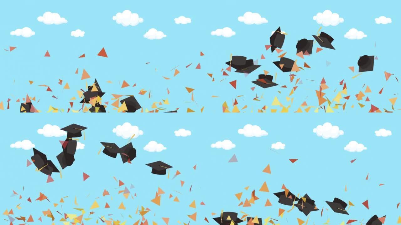 用五彩纸屑抛向空中的毕业帽在蓝天白云背景股票动画视频