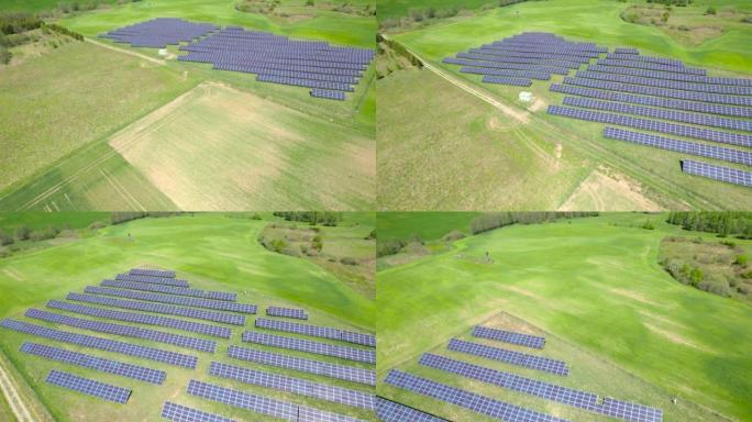 太阳能发电厂的鸟瞰图，可再生资源主题电站的工业背景，波兰欧罗巴。现场太阳能发电板的俯视图。