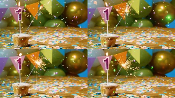 生日快乐，一岁孩子拷贝空间。美丽的生日快乐背景1，生日纸杯蛋糕屏保与蜡烛，烟火和飘落的五彩纸屑装饰