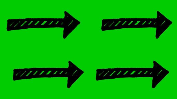 箭头的动画符号。手绘黑色箭头指向右侧。矢量插图孤立在绿色背景上。