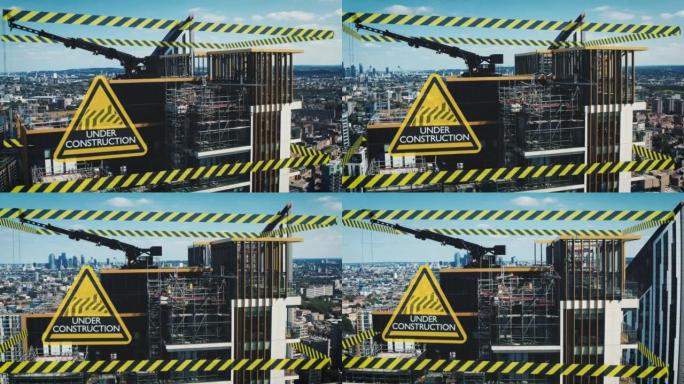 轨道在大都会公寓楼的顶部拍摄。沿着墙壁搭建脚手架。视觉效果警告房屋正在建造中。英国伦敦