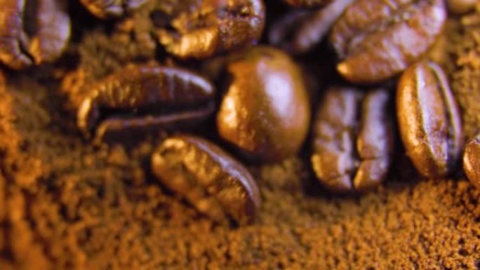 充满活力的棕色烘焙咖啡豆的电影美丽镜头
