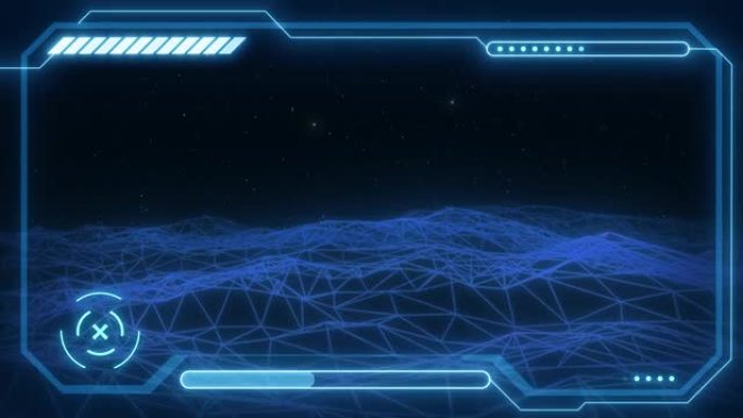 未来派平视显示器界面屏幕设计。科幻虚拟现实技术视图显示。Synthwave线框网在山上向前飞游戏。8