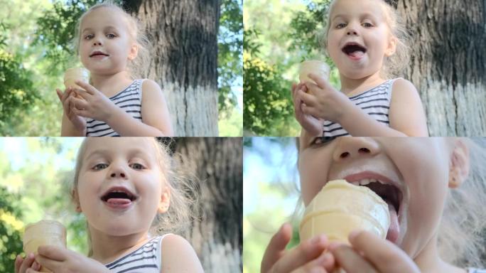 微笑的小女孩吃冰淇淋看着镜头和鬼脸。金发女孩坐在公园长椅上吃冰淇淋和微笑的特写肖像。慢动作，摄像机慢