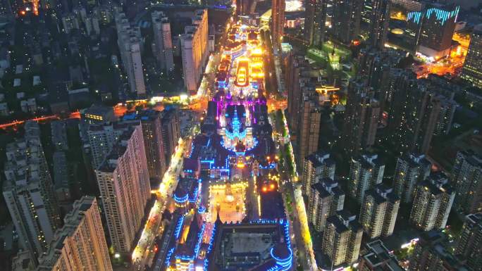 武汉光谷步行街夜景航拍延时视频