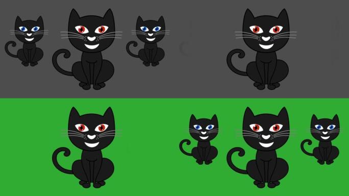 一只猫坐着等待食物和其他猫出现与灰色和绿色背景-动画
