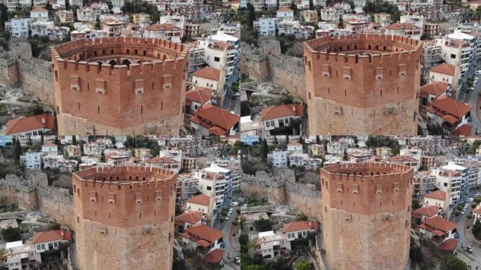 土耳其阿拉尼亚红塔历史防御工事的无人机鸟瞰图