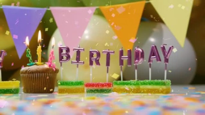 任何年龄的生日背景快乐。生日蛋糕和燃烧的蜡烛。带有掉落糖果的生日屏幕保护程序