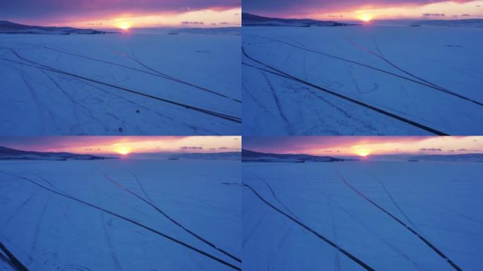 日落时冰冻的贝加尔湖