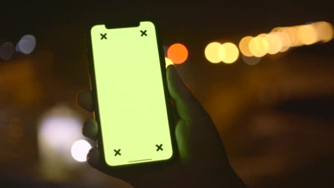 智能手机，绿屏，色键，夜间街头绿屏智能手机