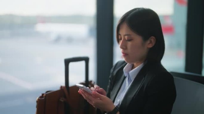 女商人在机场等航班时使用智能手机。商务旅行