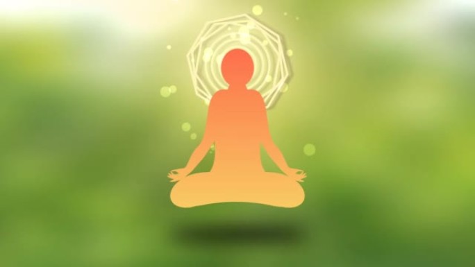瑜伽放松心灵动画在更蓝的绿色背景，漂浮的圆圈和在头后旋转明亮的光线。