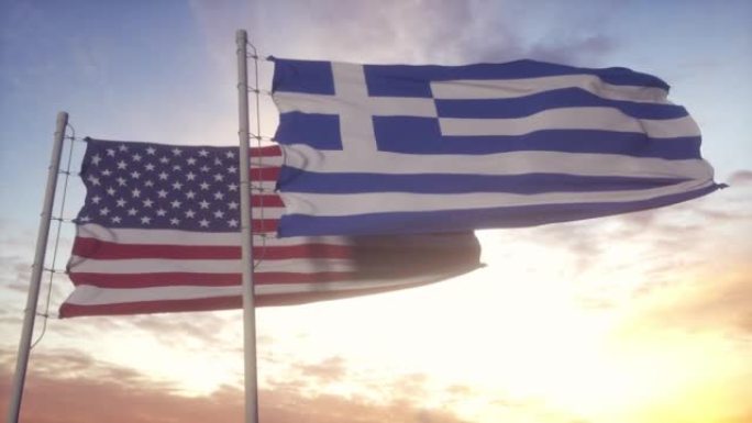 希腊和美国的国旗挂在旗杆上。希腊和美国在风中挥舞着国旗。希腊与美国的外交构想