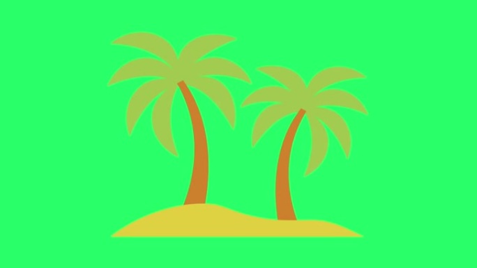 动画椰子树隔离在绿色背景。