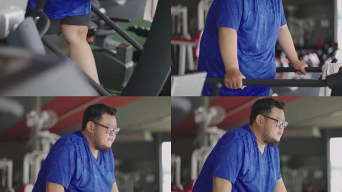 4k超重男子在跑步机上行走减肥。