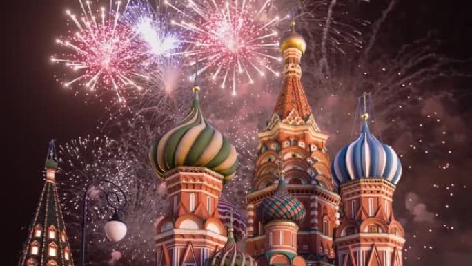 庆祝五颜六色的烟花和圣母圣殿)，俄罗斯莫斯科红场