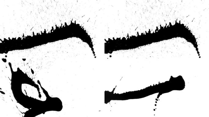 墨水飞溅在白纸上飞溅，液滴留下污渍并流下