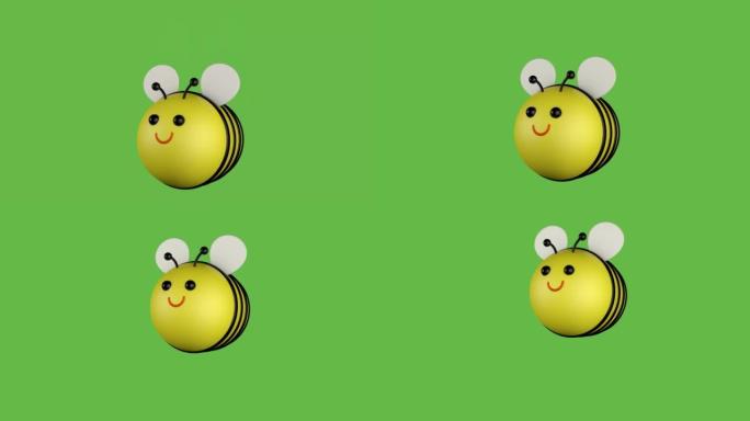 绿屏上的3D卡通蜜蜂，蜜蜂飞翔，3D动画。色度键