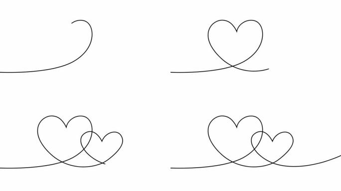 白色背景上两颗心的连续单线绘制动画