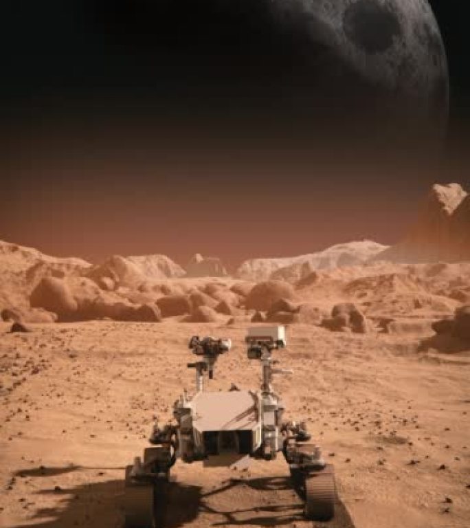 NASA火星发现漫游者穿越火星表面前往月球。火星表面的红色污垢。先进技术、太空探索/旅行、殖民概念。