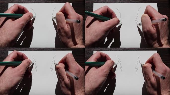双手同时绘制两个侧面肖像，左手用绿色笔，右手用黑色笔-男性