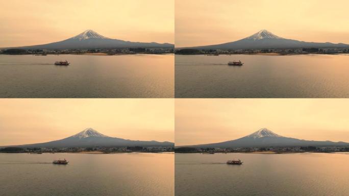 在河口湖和富士湖乘船游览的空中跟踪镜头