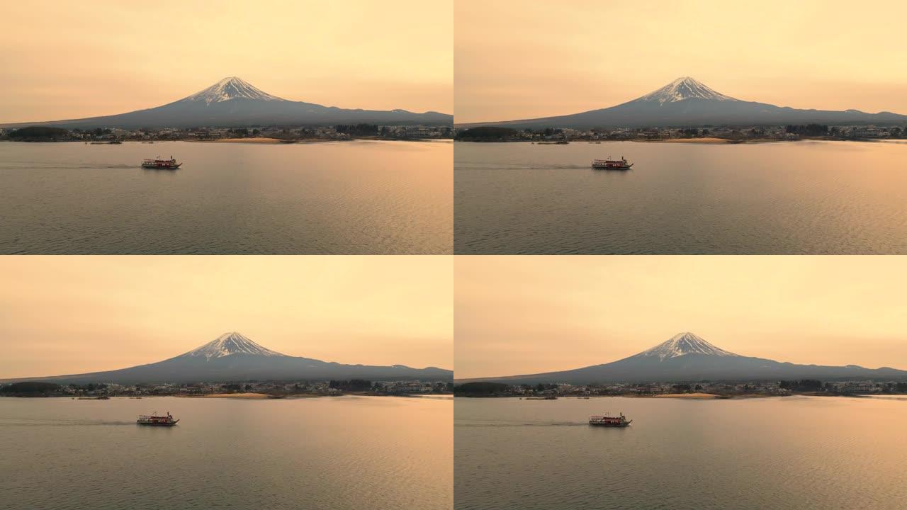 在河口湖和富士湖乘船游览的空中跟踪镜头