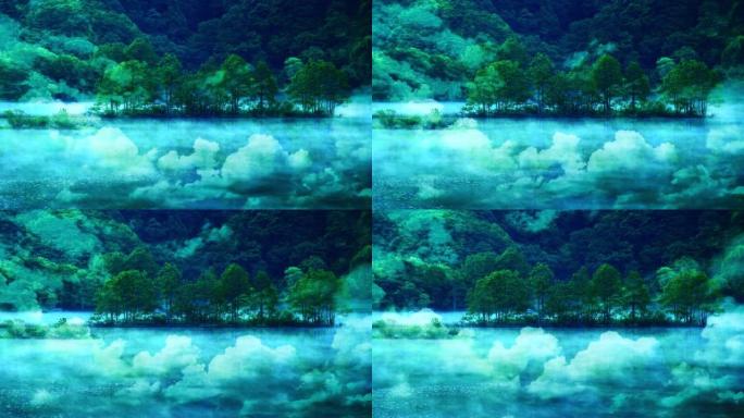 森林湖中流动的云层。干净的森林湖泊和流动的云的形象。双重曝光