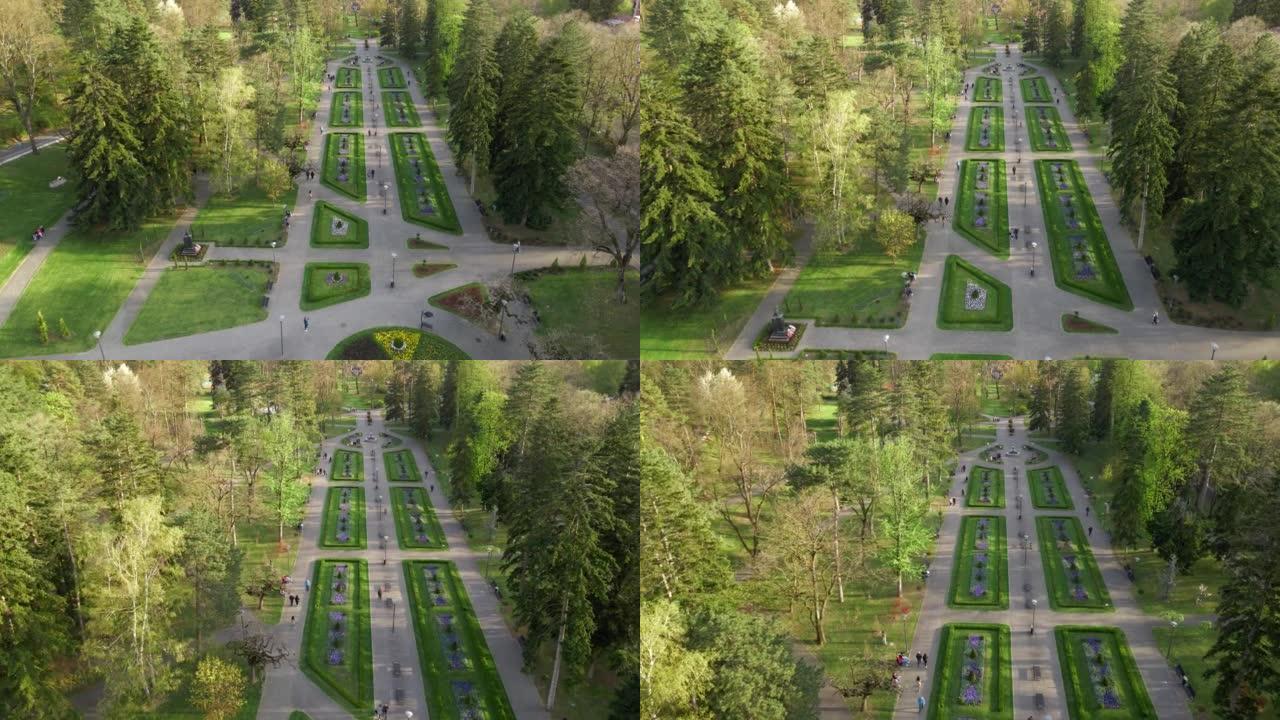 美丽优雅的公园花园鸟瞰图壮举。装饰设计花坛和树木在Vrnjacka Banja，Sebrbia 4k