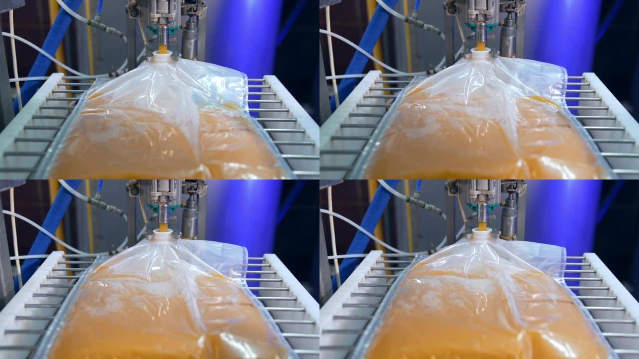 将鲜榨苹果汁倒入一个大塑料袋中。工人的手张开袋子，以更好地填充果汁。特写。