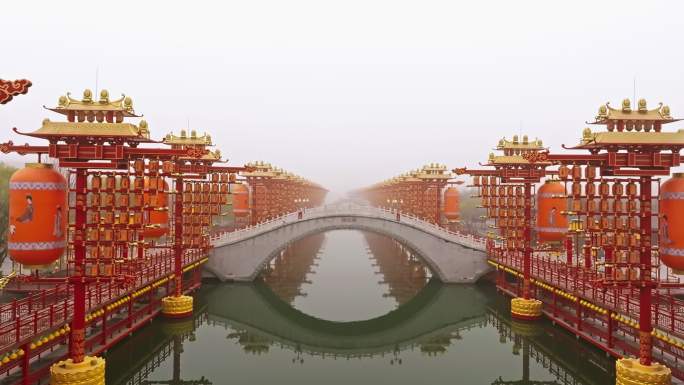 中式灯笼石桥小河