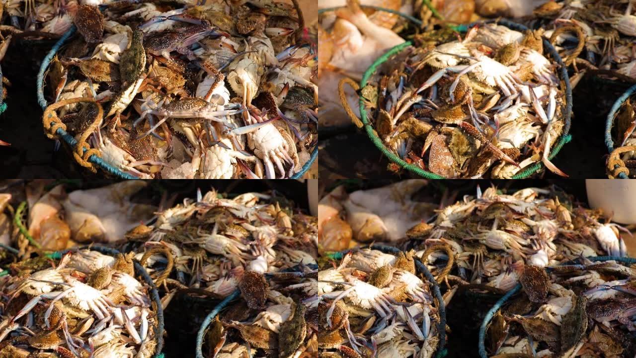 鱼市场上的大篮子螃蟹。