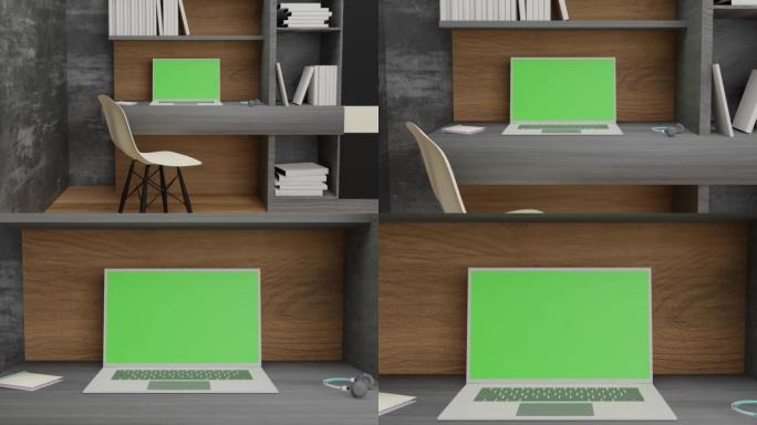 清洁绿色屏幕计算机，用于复制空间和演示，3D渲染绿色屏幕显示笔记本电脑，用于观看并在家庭工作空间上粘