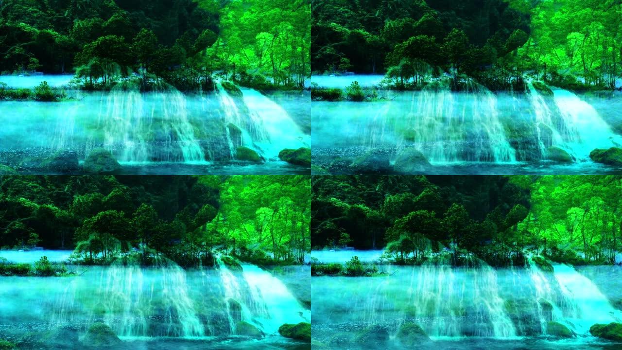 森林湖的瀑布。清洁森林湖泊和水流的形象。双重曝光