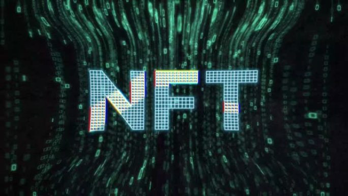 二进制代码背景动画上的全息NFT铭文。NFT元宇宙概念。4K