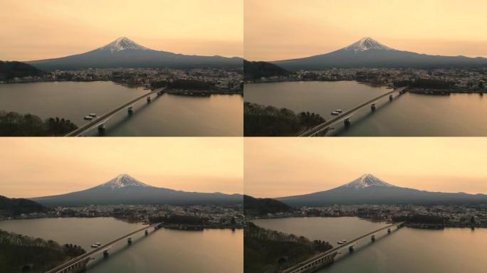 富士山和桥梁的空中后退