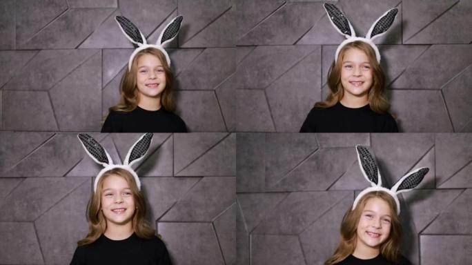 漂亮的兔子耳朵小女孩，快乐的宝贝