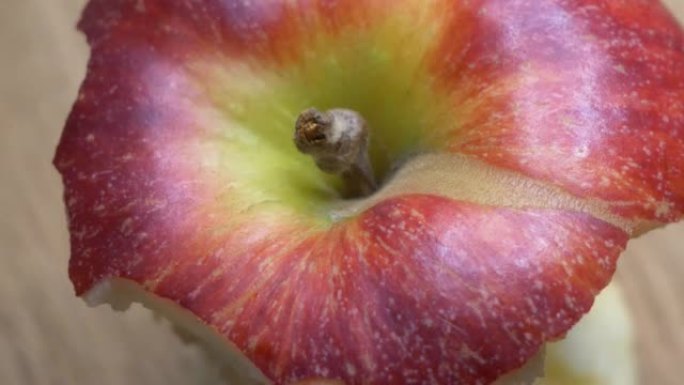 半吃了一个红苹果特写。嘎拉品种苹果的核心，旋转。