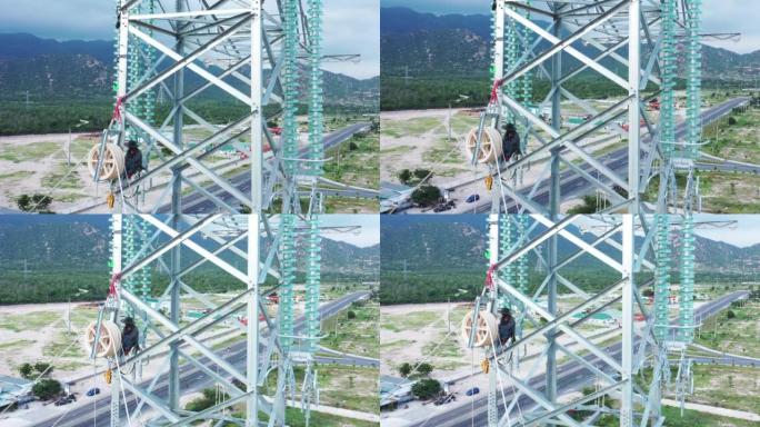 预制玻璃绝缘子高压电塔的空中无人机镜头在工业园区内分配电力-发展与城市化概念
