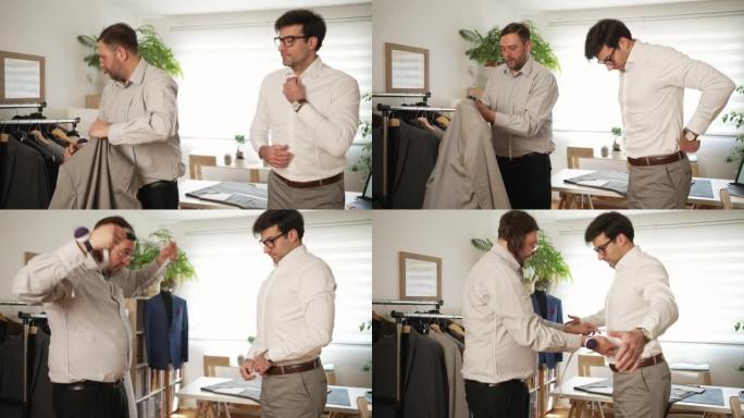 男性裁缝在西装排练时测量客户的腰部