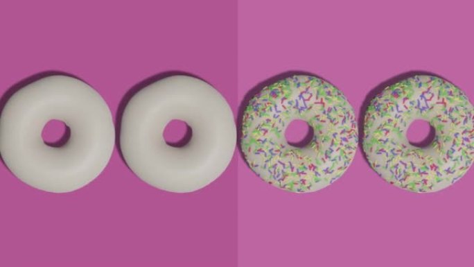 在粉红色抽象背景上撒上白色巧克力甜甜圈的无缝图案