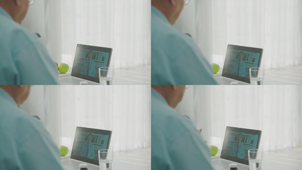 高级夫妇病人在家里用数字平板电脑与男性医生交谈