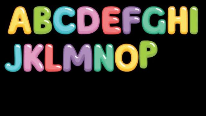 带有彩色字母的动画搞笑儿童字体。明亮的矢量插图。黑色背景上彩色字母的视频。
