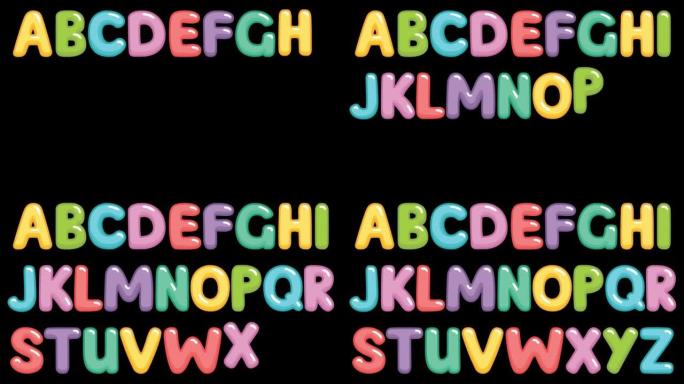 带有彩色字母的动画搞笑儿童字体。明亮的矢量插图。黑色背景上彩色字母的视频。