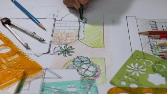 景观设计师学生学习园林计划设计。